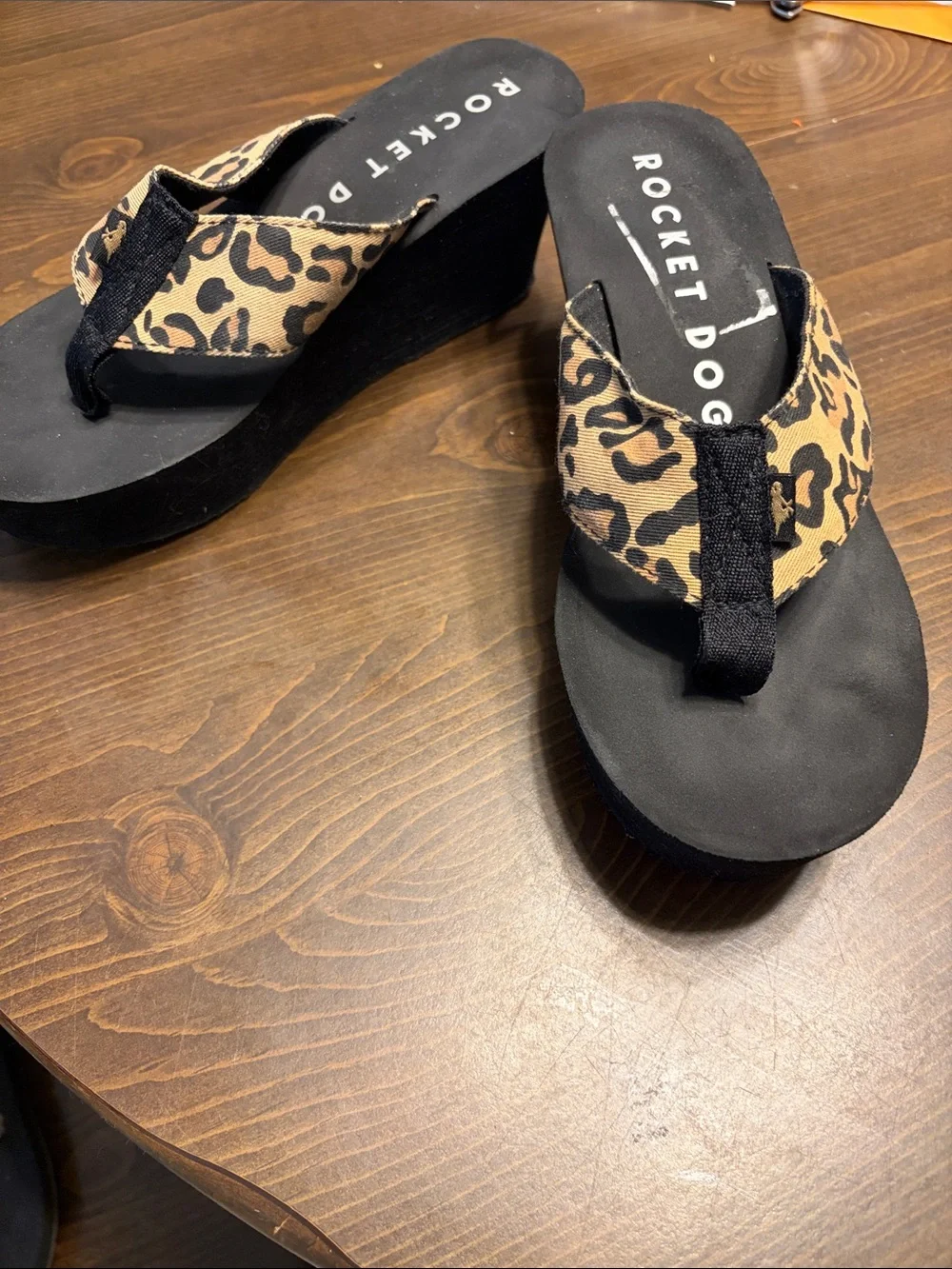 Rocket Dog Leopard Print Wedge Sandals - Black and Tan Sz. 7